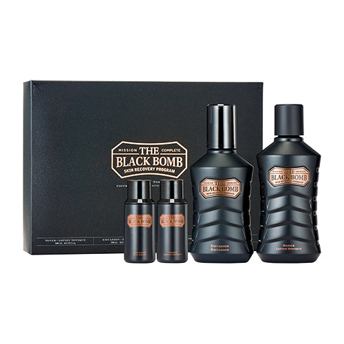THE FACE SHOP The Black Bomb Special Set : coffret de soins noir sur fond clair, produits alignés, marque visible.