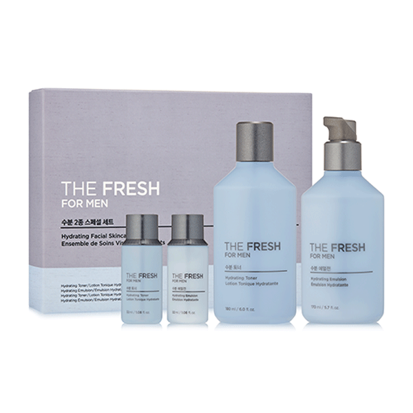 THE FACE SHOP  The Fresh For Men Moisture 2 Pieces Set, coffret soins hydratants homme sur fond clair.