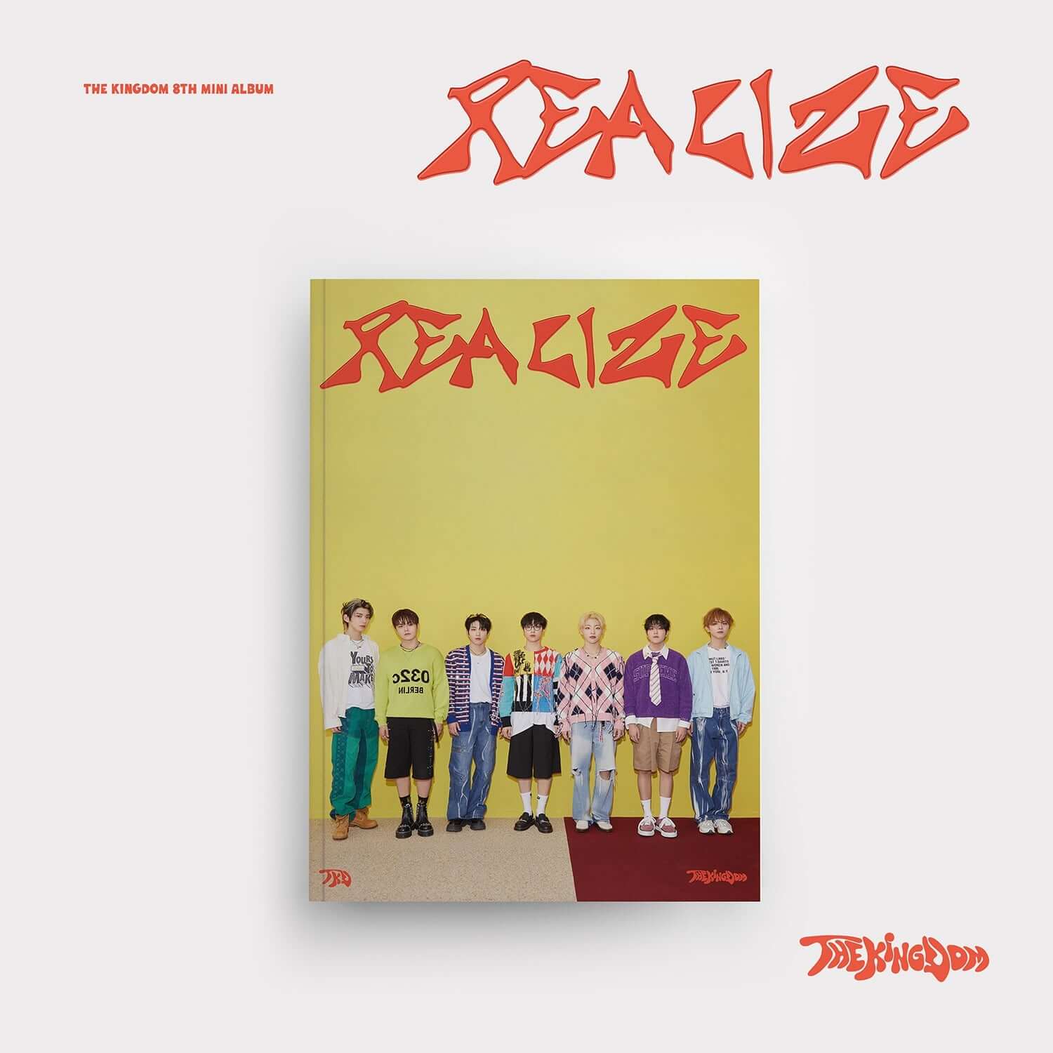 THE KINGDOM - REALIZE (Energy ver.) - Album Kpop : pochette du groupe, visuel rouge et jaune, cover sur fond clair