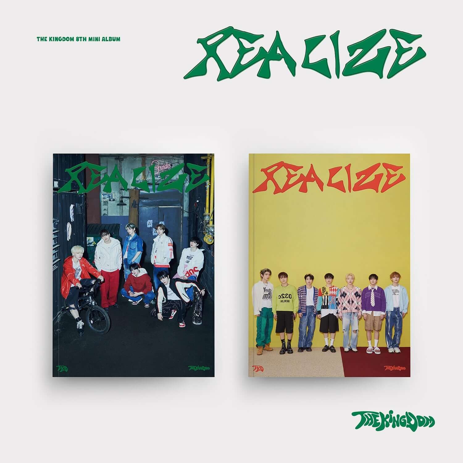 THE KINGDOM - REALIZE (Set of 2) - Album Kpop : deux versions sur fond clair, couvertures vert/rouge, style street K-pop