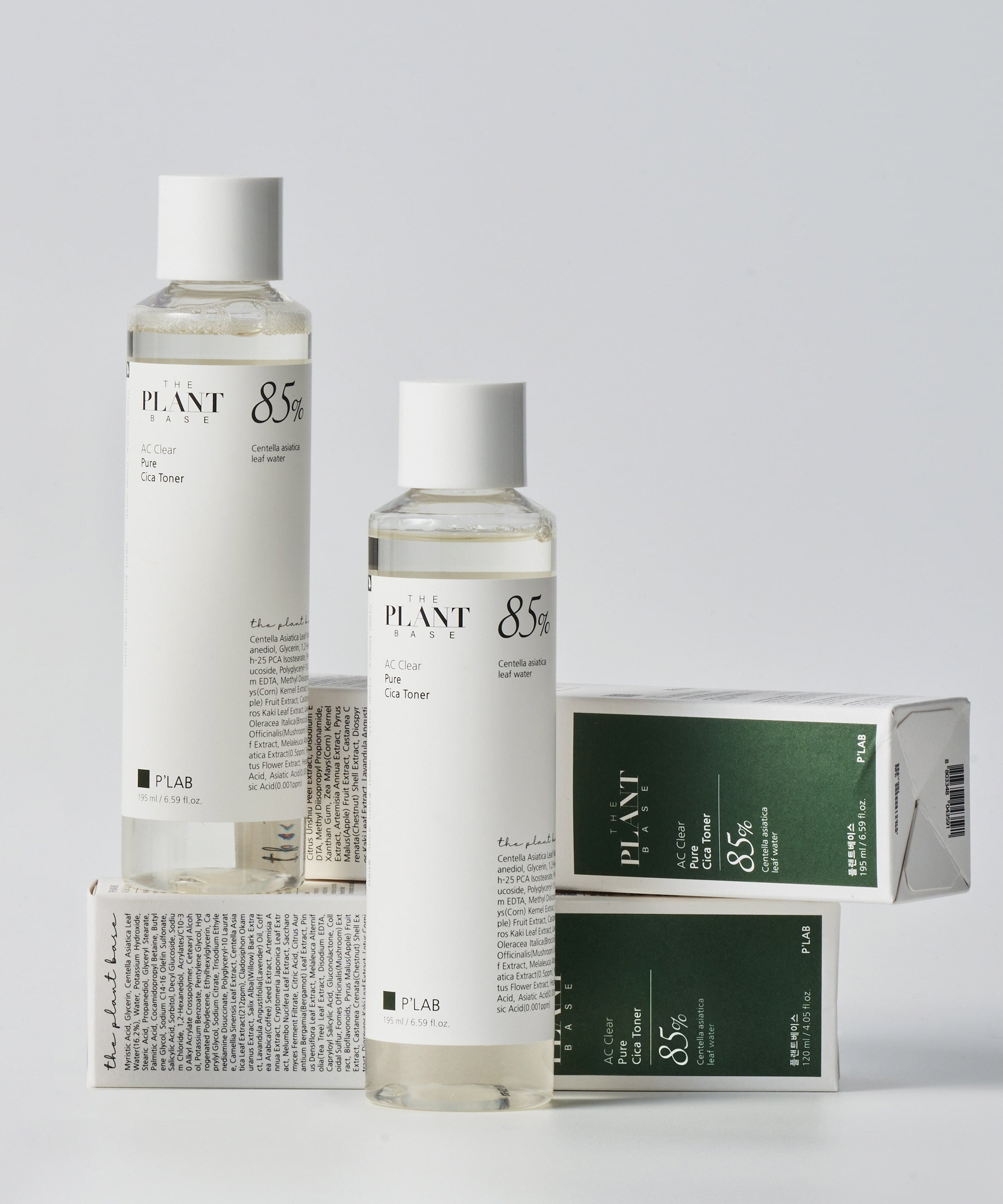 THE PLANT BASE Ac Clear Pure Cica Toner 195ml, flacons crème sur fond blanc minimal, marque THE PLANT BASE.