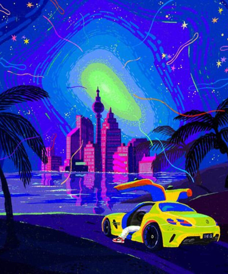 THE QUIETT - 9th Album [glow forever] - Album Kpop : pochette visuelle néon, voiture jaune, skyline, palmiers et astral, nuit