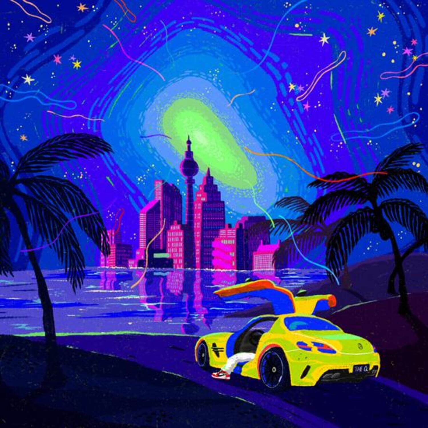 THE QUIETT - 9th Album [glow forever] - Album Kpop : pochette visuelle néon, voiture jaune, skyline, palmiers et astral, nuit
