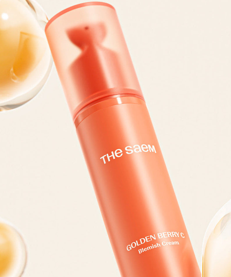 THE SAEM Golden Berry C Blemish Cream 30ml, tube orange et crème sur fond clair, packshot beauté.