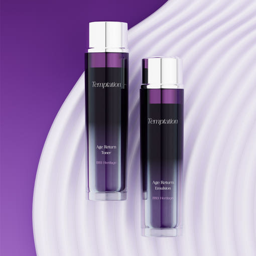 THE SAEM Temptation Age Return Emulsion 130ml, flacons noir/violet sur fond mauve, marque THE SAEM en contexte visuel soin