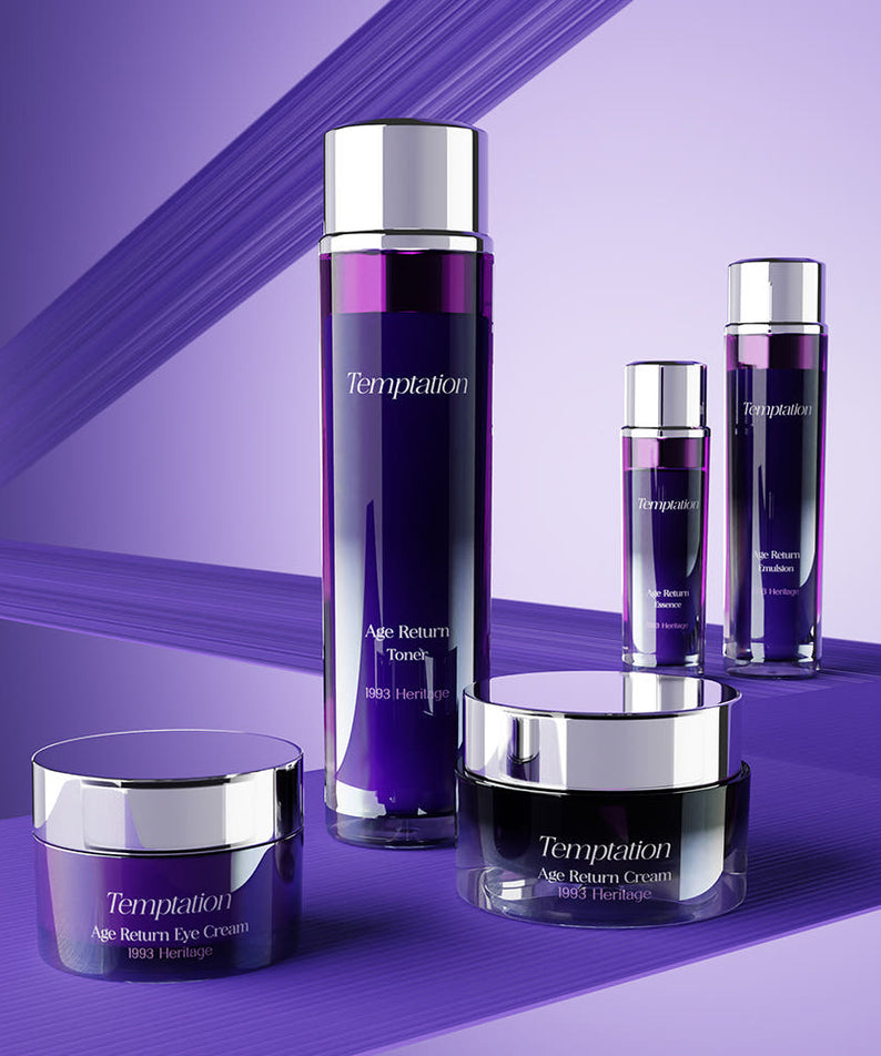 THE SAEM Temptation Age Return Emulsion 130ml, flacon sur fond violet avec produits de la marque, style beauté