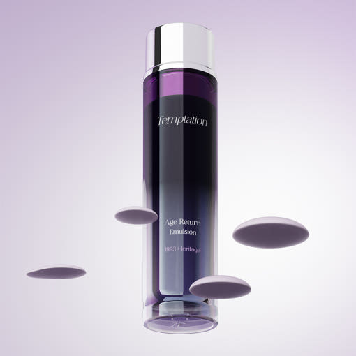 THE SAEM Temptation Age Return Emulsion 130ml, flacon violet sur fond clair, style skincare moderne, marque THE SAEM