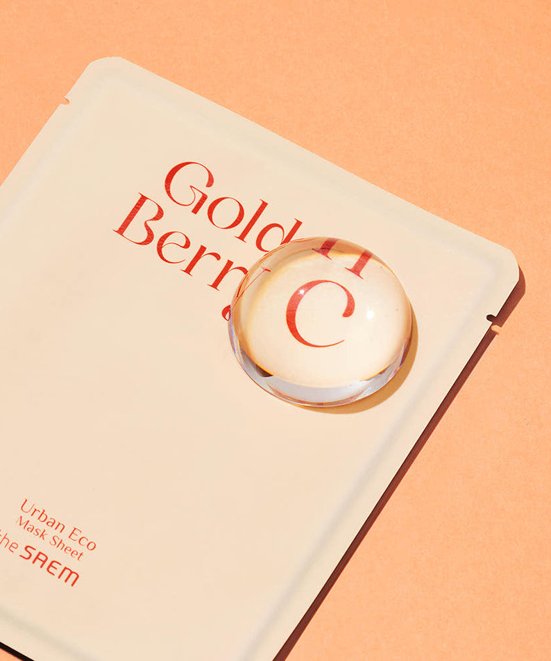 THE SAEM Urban Eco Golden Berry C Mask Sheets 10 Sheets, pack avec pastille “Golden Berry” sur fond orange, marque THE SAEM