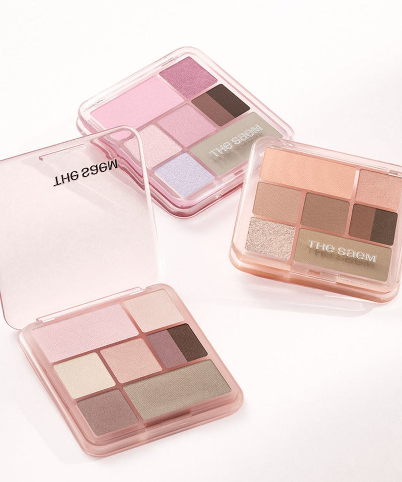 THE SEAM Shadow Box Palette : palette d’ombres dans des boîtiers transparents, teintes nude et rosées, sur fond clair