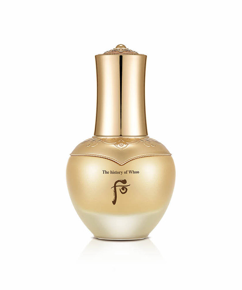THE WHOO Cheongidan Hwahyun Gold Ampoule 40ml, flacon doré sur fond blanc ; marque The Whoo en contexte visuel beauté.