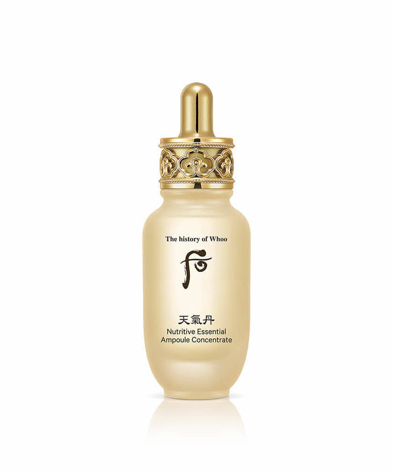 THE WHOO Cheongidan Hwahyun Nutritive Essentail Ampoule Concentrate 30ml, flacon doré sur fond blanc, marque The Whoo.
