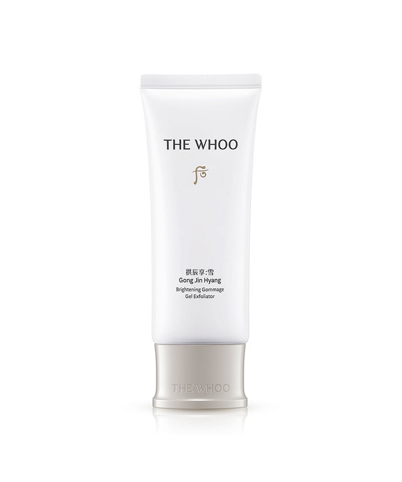 THE WHOO Gong Jin Hyang Brightening Gommage Gel Exfoliator 100ml en tube, soin exfoliant visage éclaircissant efficace.