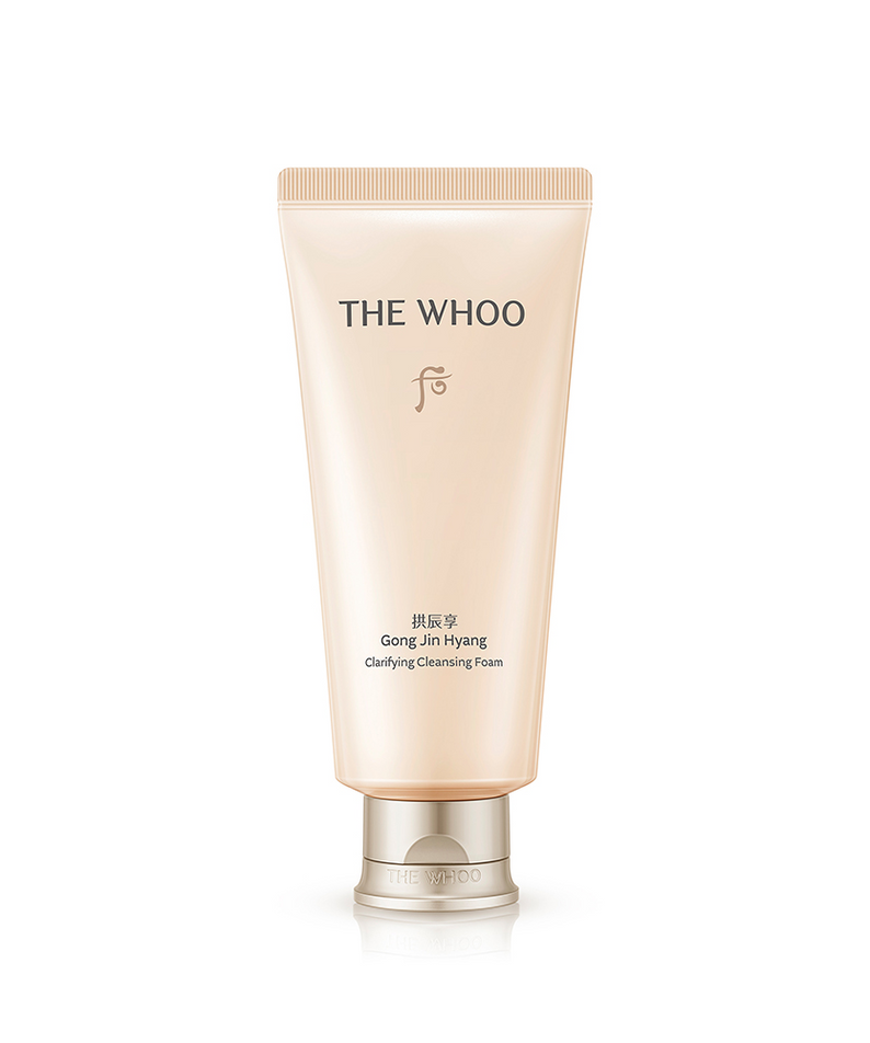 THE WHOO Gong Jin Hyang Clarifying Cleansing Foam 180ml, tube crème sur fond blanc, marque THE WHOO, cosmétique.