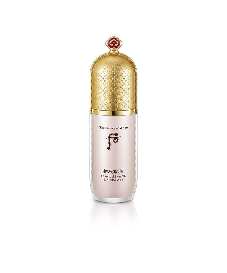 THE WHOO Gong Jin Hyang Mi Essential Skin CC 40ml, flacon crème doré sur fond blanc, marque Coréenne, soin visage.