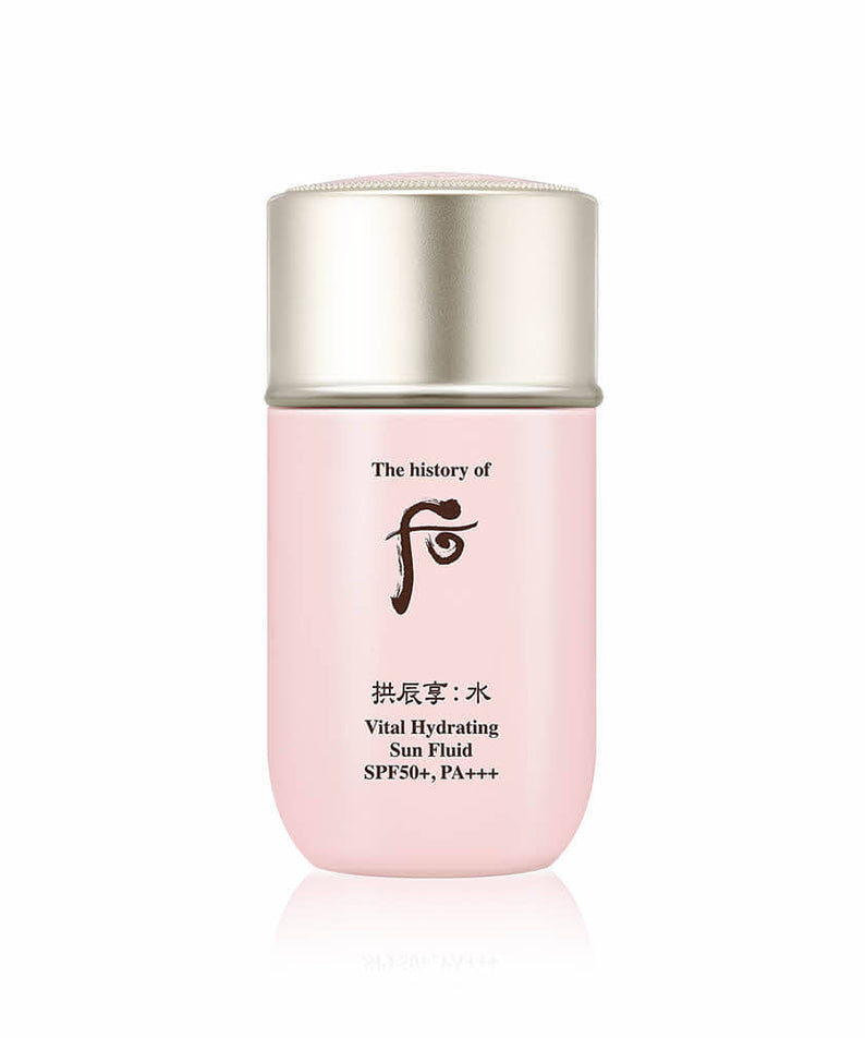 THE WHOO Gong Jin Hyang Soo Sooyeon Vital Hydrating Sun Fluid 60ml, flacon rose sur fond blanc, crème solaire SPF50+, PA+++