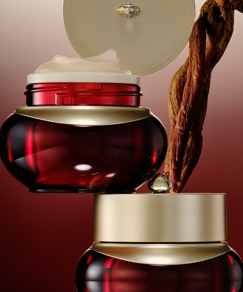 Crème enrichissante anti-rides THE WHOO Jin Yul Hyang 50ml dans un pot élégant rouge et or avec texture riche.
