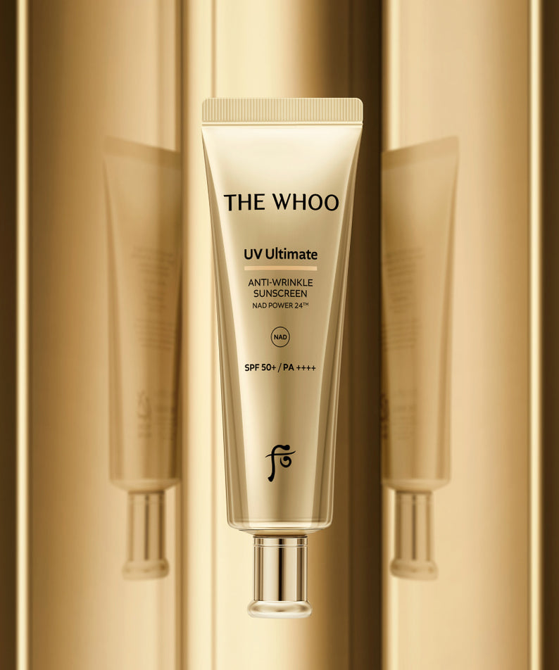 Crème solaire THE WHOO UV Ultimate Anti-Wrinkle Sun 50ml avec SPF 50+, fond doré, protection anti-rides