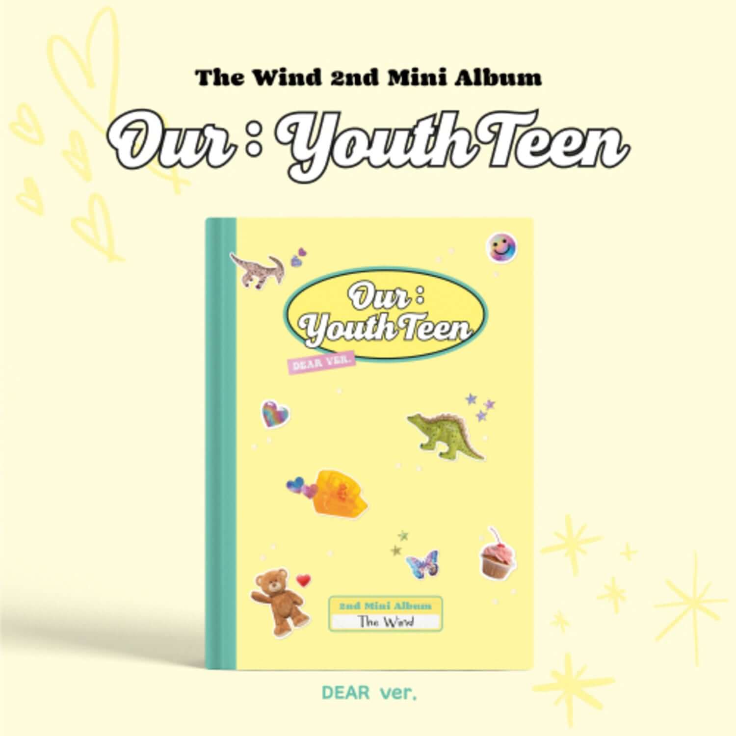 THE WIND - 2nd Album [Our : YouthTeen] (DEAR ver.) - Album Kpop, couverture jeunesse, décor étoiles et figurines, style cartoon.