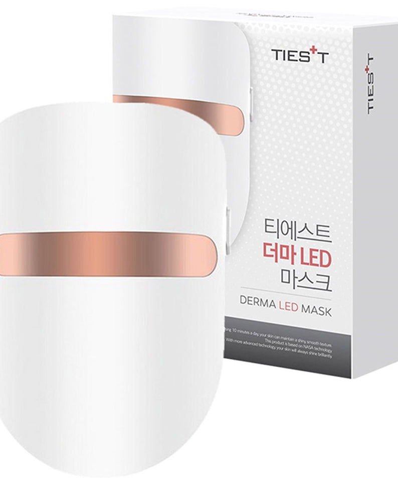 TIEST LED Mask, masque LED facial blanc avec boîte de marque TIEST, fond clair, visuel produit