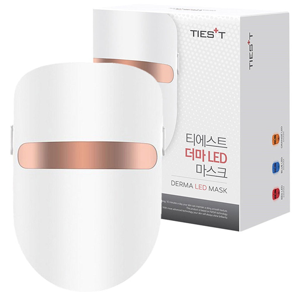 TIEST LED Mask, masque LED facial blanc avec boîte de marque TIEST, fond clair, visuel produit