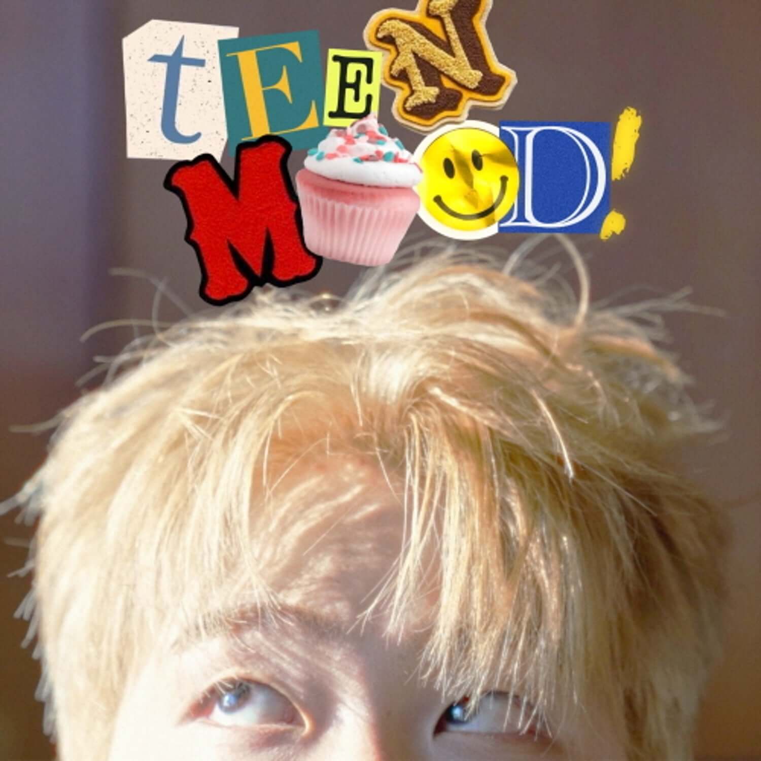 TIMID MOOD - [TEEN MOOD] - Album Kpop, jaquette avec portrait jeune et stickers tFE MƆD, fond sombre, gâteau
