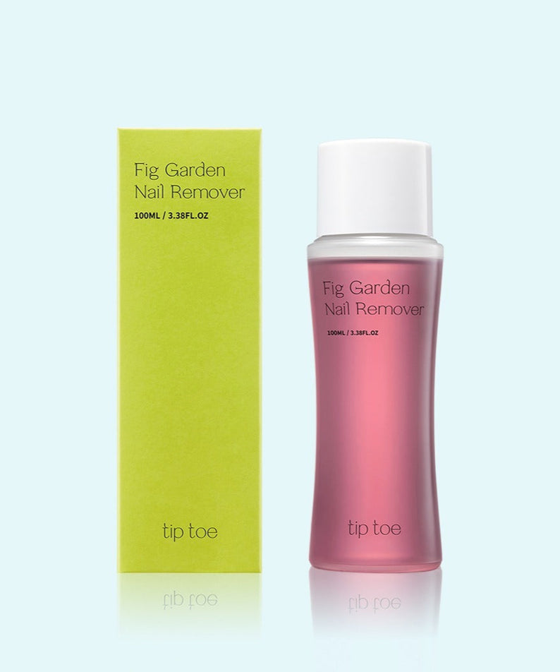 TIP TOE Fig Garden Nail Remover 100ml présenté avec sa boîte d'emballage verte, dissolvant pour ongles élégamment conçu.