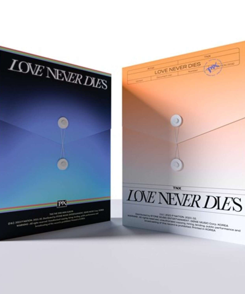 TNX - [Love Never Dies] (DOCUMENT ver. / RECORD ver.)(RANDOM) - Album Kpop TNX, boîtiers bleu/orange sur fond blanc.