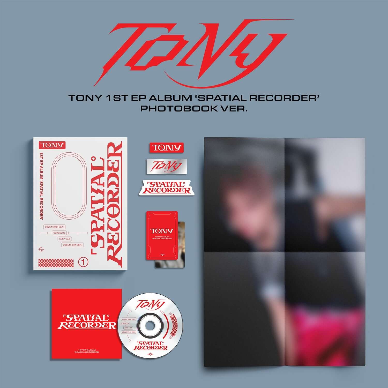 TONY - 1st EP [SPATIAL RECORDER] (PHOTOBOOK ver) - Album Kpop, packshot concept spatial avec photobook et disque