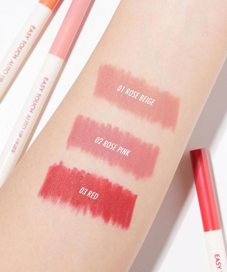 Swatch de couleur TONY MOLY Easy Touch Auto Lip Liner sur bras, nuances Rose Beige, Rose Pink, et Red.