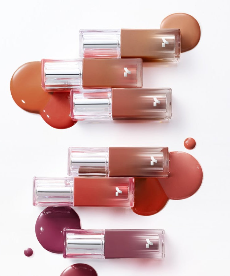 TONY MOLY Get It Tint Waterful Syrup, tubes transparents et teintes dégradées sur fond blanc, marque TONY MOLY