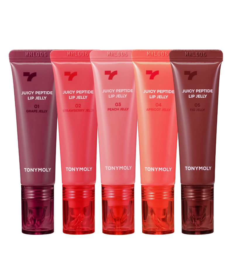 Décris l'image en français : TONY MOLY Juicy Peptide Lip Jelly, tubes colorés sur fond noir, série de lip jellies.