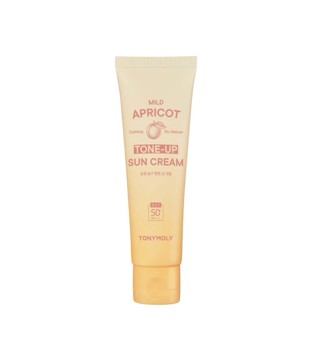 TONY MOLY Mild Apricot Tone-Up Sunscreen, tube crème solaire sur fond noir, visuel produit de la marque TonyMoly.
