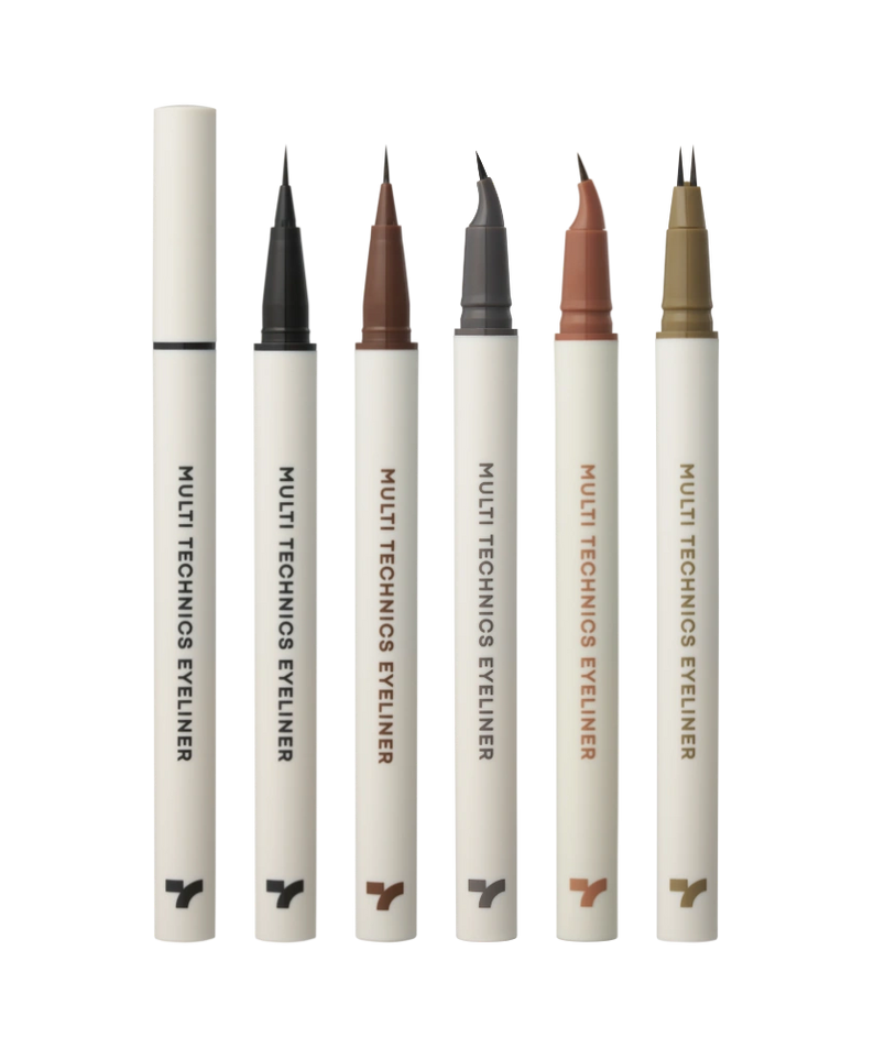 TONY MOLY Multi-Techniques Eyeliner de marque TonyMoly, stylos eyeliner beiges et noirs sur fond blanc.