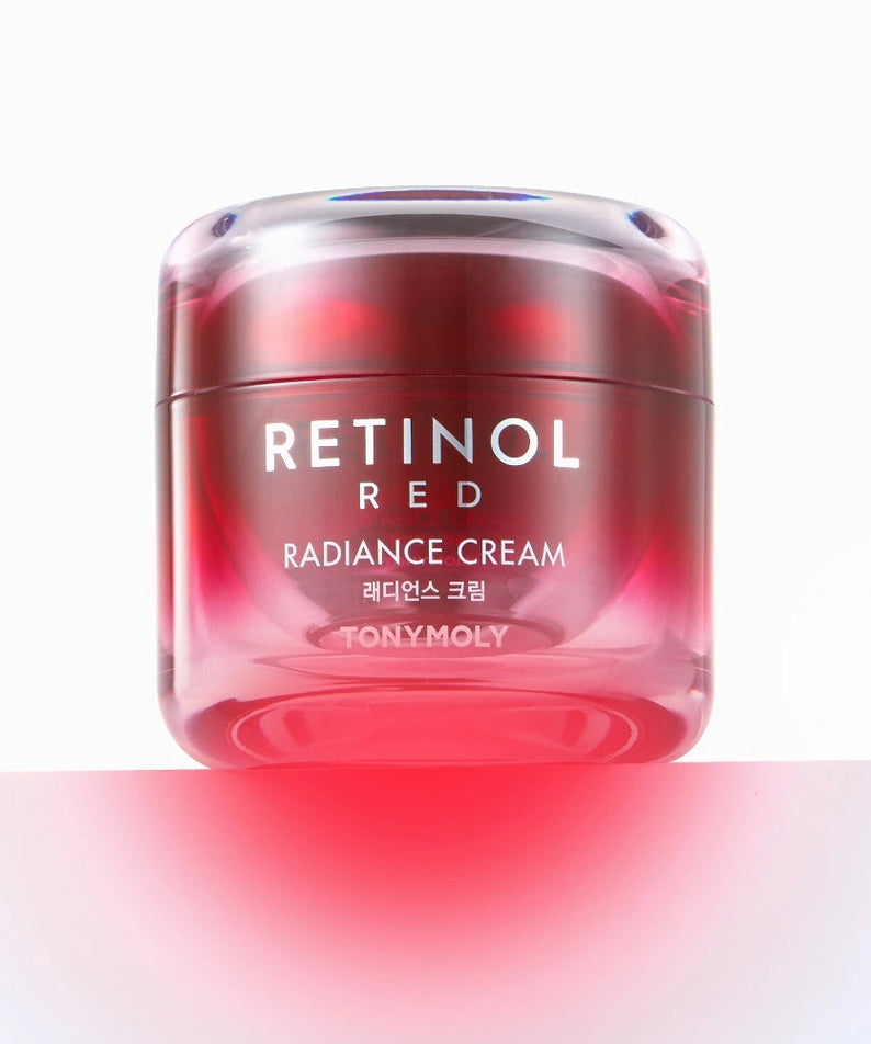 TONY MOLY Red Retinol Radiance Cream, pot rouge sur fond blanc, packaging cosmétique lumineux, marque TonyMoly