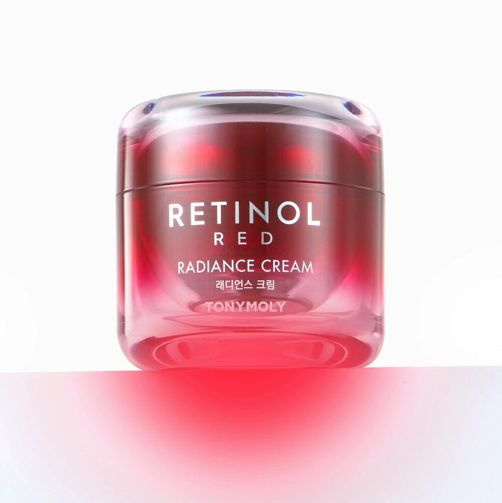 TONY MOLY Red Retinol Radiance Cream, pot rouge sur fond blanc, packaging cosmétique lumineux, marque TonyMoly