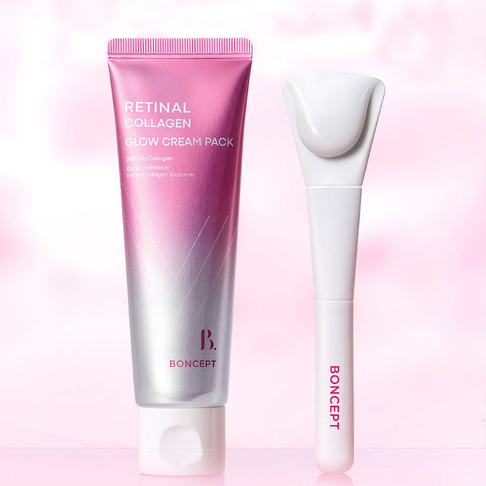 TONY MOLY Retinal Collagen Glow Cream Pack 50ml par B. Boncept sur fond rose, tube et applicateur.