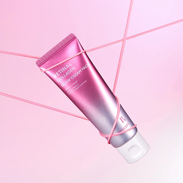 TONY MOLY Retinal Collagen Glow Cream Pack 50ml, tube crème violet sur fond rose et lignes, pack produit marque TONY MOLY