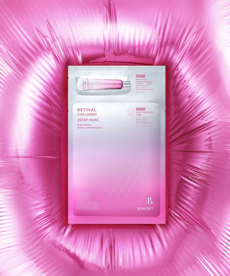 TONY MOLY Retinal Collagen Two-Step Mask Sheet 5 sheets, masque en boîte sur fond rose holographique, flacon visible.
