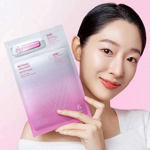 Portrait sur fond rose avec TONY MOLY Retinal Collagen Two-Step Mask Sheet 5 sheets de TONY MOLY, pack visible