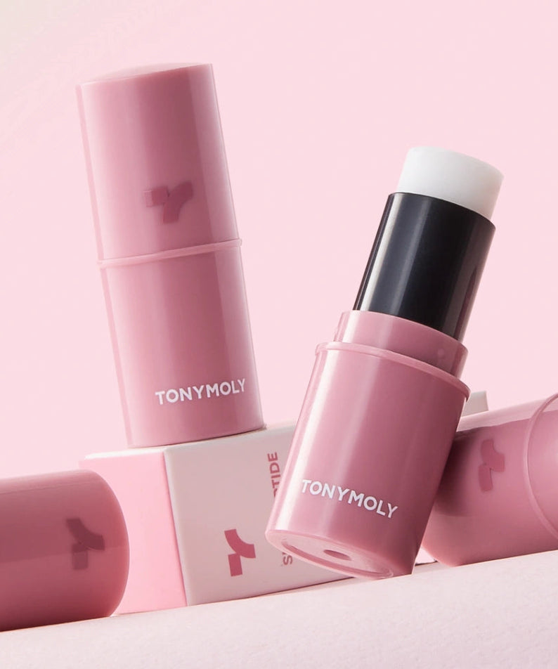 TONY MOLY Shea Peptide Lip Balm de la marque TONY MOLY, baume lèvres rose sur fond pastel (packshot)