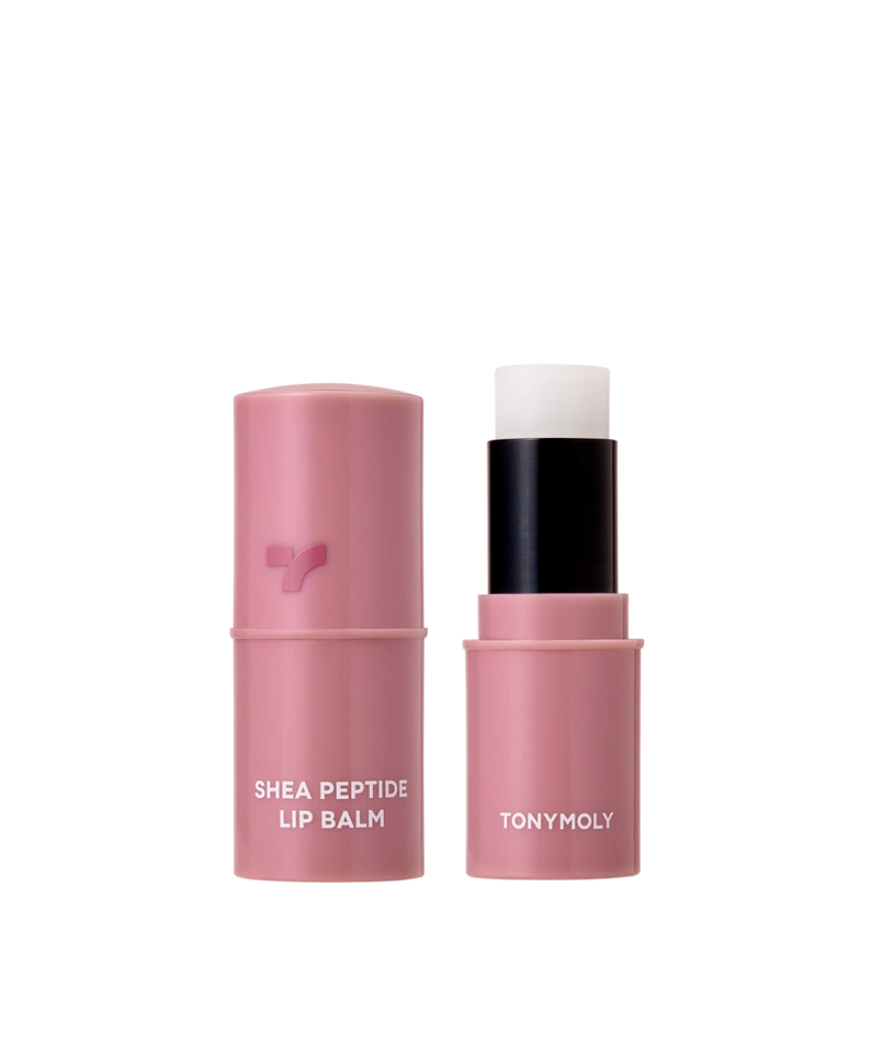 TONY MOLY Shea Peptide Lip Balm, baume lèvres rose en tube sur fond noir, marque TONY MOLY visible