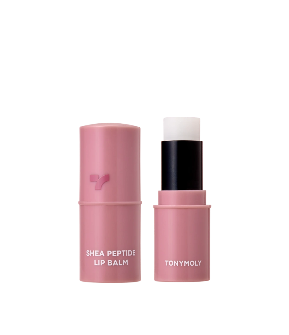 TONY MOLY Shea Peptide Lip Balm, baume lèvres rose en tube sur fond noir, marque TONY MOLY visible