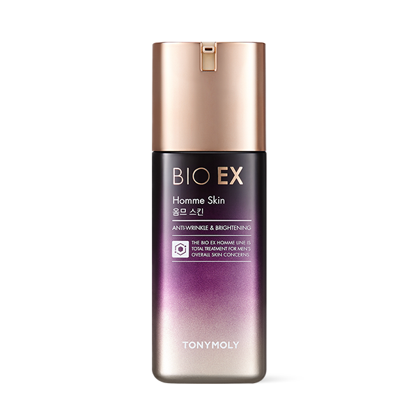 TONYMOLY Bio EX Homme Skin 130ml, flacon cosmétique homme sur fond clair, marque TONYMOLY visible.