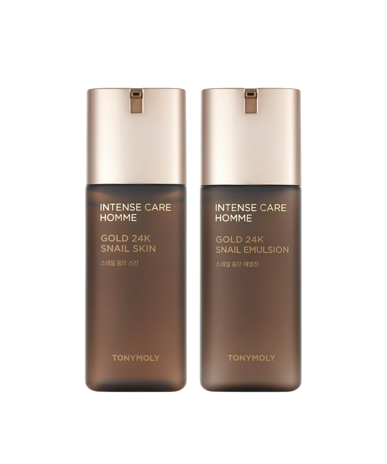 TONYMOLY Intense Care Gold 24K Snail Homme 2 Pieces Set : flacons dorés TONYMOLY sur fond noir, soins hommes.
