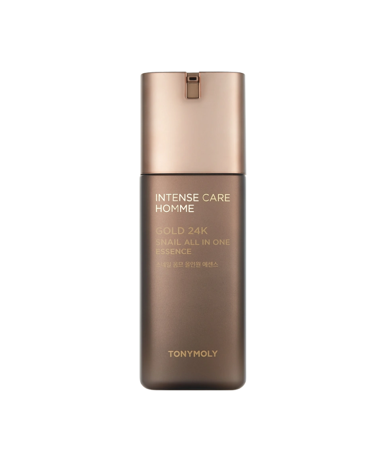TONYMOLY Intense Care Gold 24K Snail Homme All-in-One Essence 130ml sur fond noir, flacon or saumon