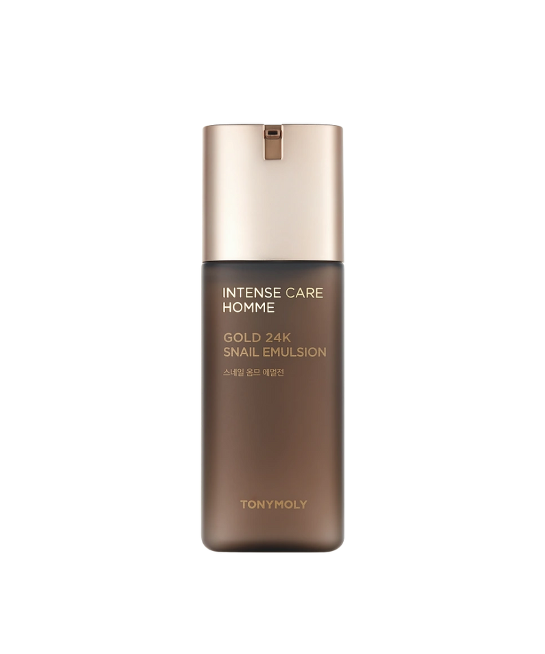 TONYMOLY Intense Care Gold 24K Snail Homme Emulsion 130ml, flacon crème doré sur fond noir, marque TONYMOLY
