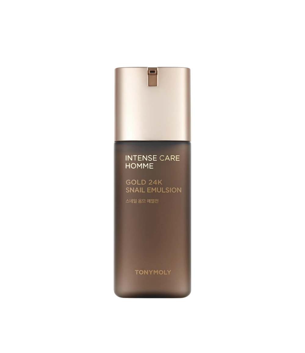 TONYMOLY Intense Care Gold 24K Snail Homme Emulsion 130ml, flacon crème doré sur fond noir, marque TONYMOLY