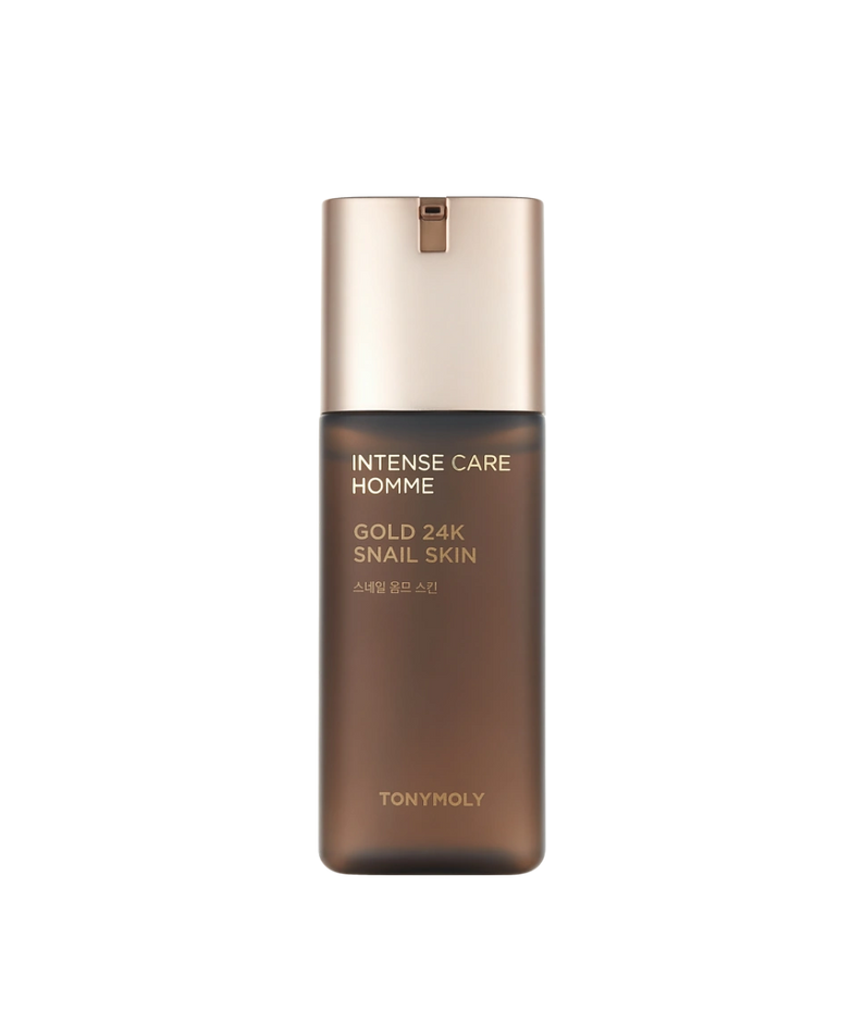 TONYMOLY Intense Care Gold 24K Snail Homme Skin 130ml, flacon bronze doré sur fond noir, soin homme antiride.