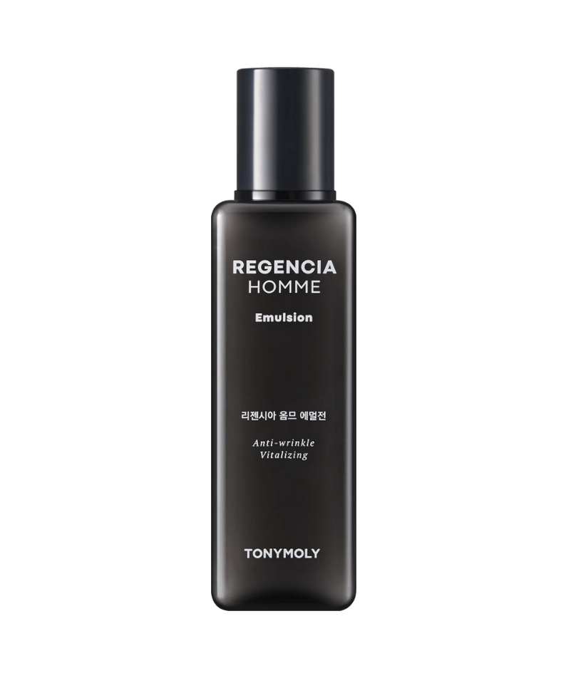 TONYMOLY Regencia Homme Emulsion 150ml de TONYMOLY, flacon noir et argent sur fond noir, contexte skincare visage homme.