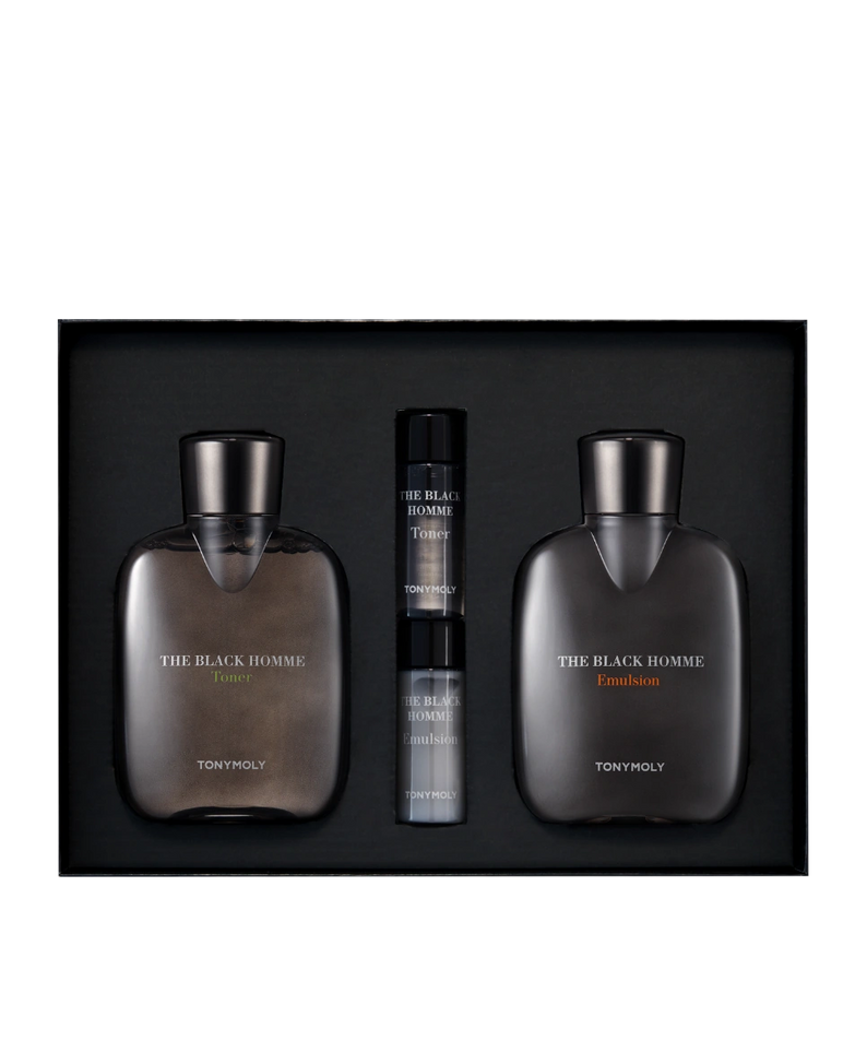 TONYMOLY The Black Homme 2 Pieces Set : coffret noir avec flacons et spray, sur fond sombre, pack homme.